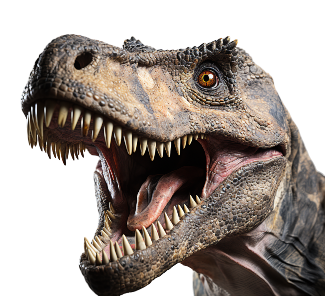 AI generated close up portrait of t rex dinosaur with roaring expression, isolated on transparent background, generative ai png