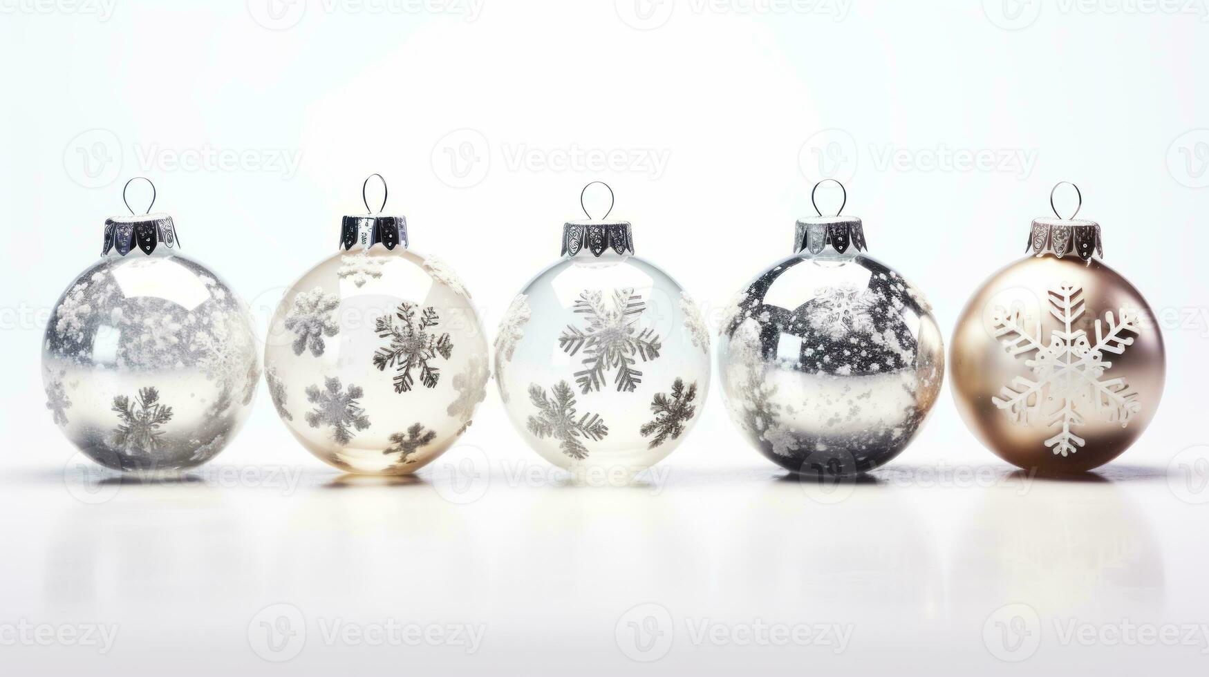 AI generated Christmas baubles with snow and snowflakes photo