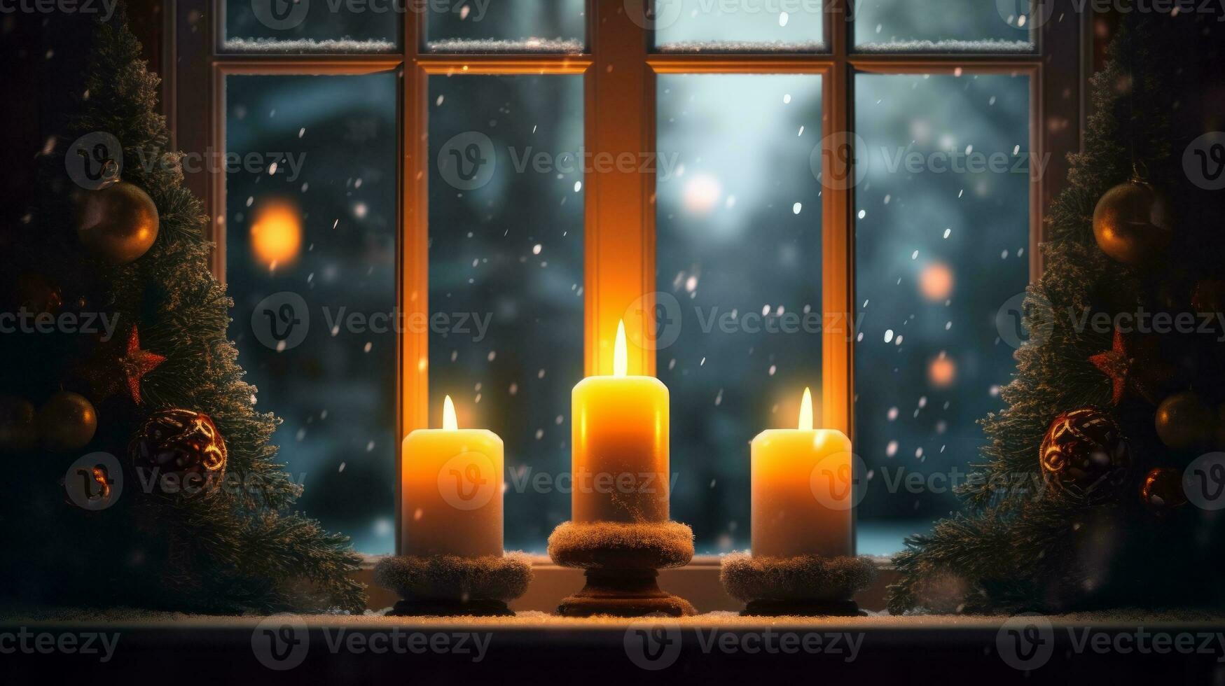 AI generated Winter holidays and celebration concept - advent candlestick on window sill at night photo