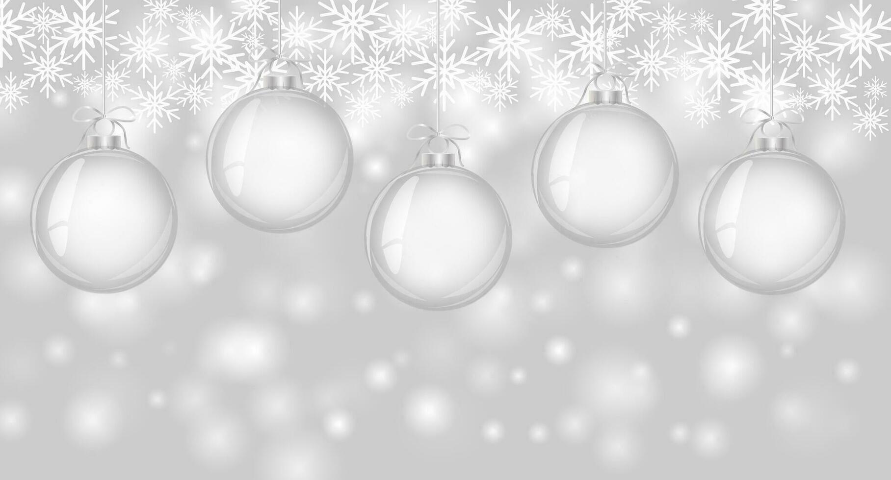 Gray Christmas background. Christmas card. Fallen snowflakes. Christmas silver balls. Vector illustration