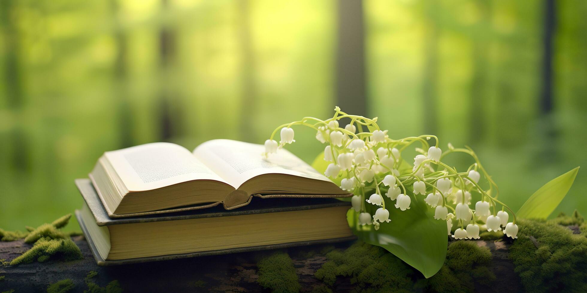 AI generated Lily of the Valley flowers and old books in the forest, green natural background. AI Generated photo