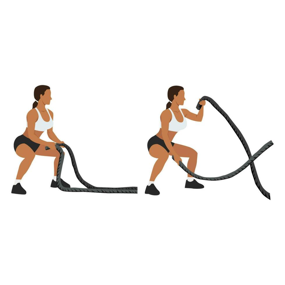 Woman doing battle rope squatting alternating waves. vector