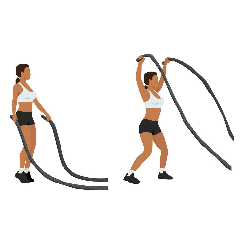 Woman doing Battle rope jumping jacks exercise. vector