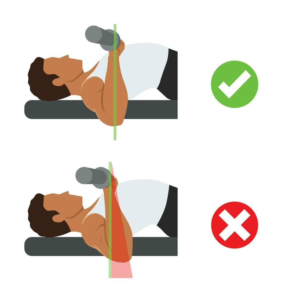 Man doing barbell bench press. Chest Press. Elbows position on bench press. Side view workout. vector