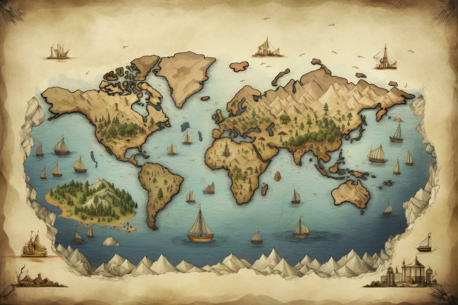 AI generated Great detailed illustration of the world map in vintage style. AI Generated photo