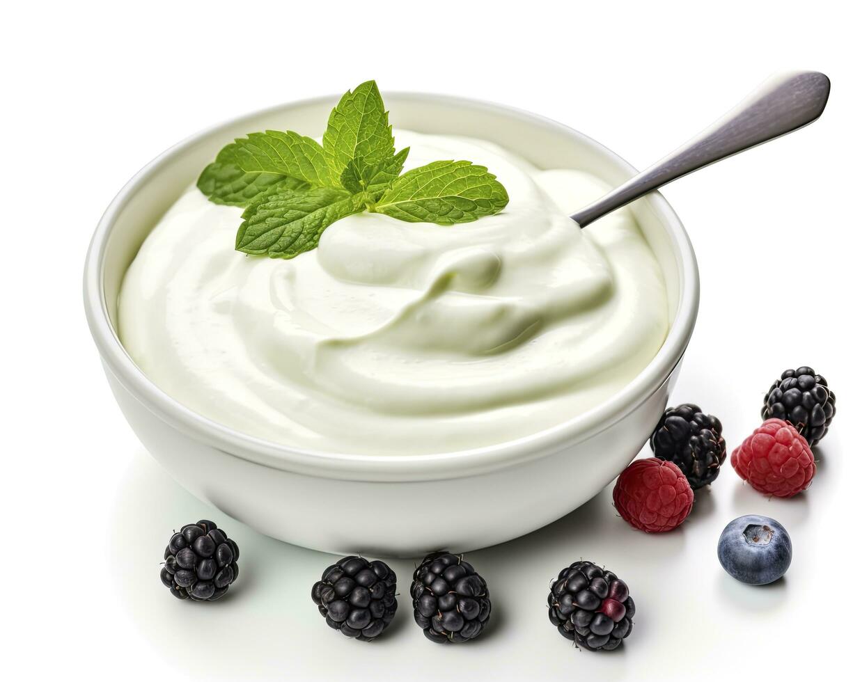 AI generated Green bowl of greek yogurt and fresh berries isolated on white background. AI Generated photo
