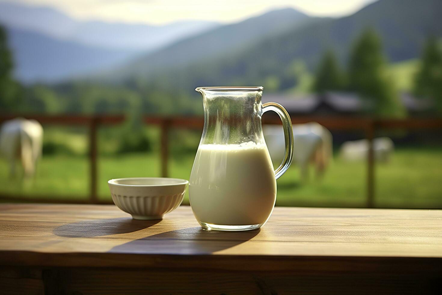 AI generated Glass pitcher with fresh milk on a wooden table. AI Generated photo