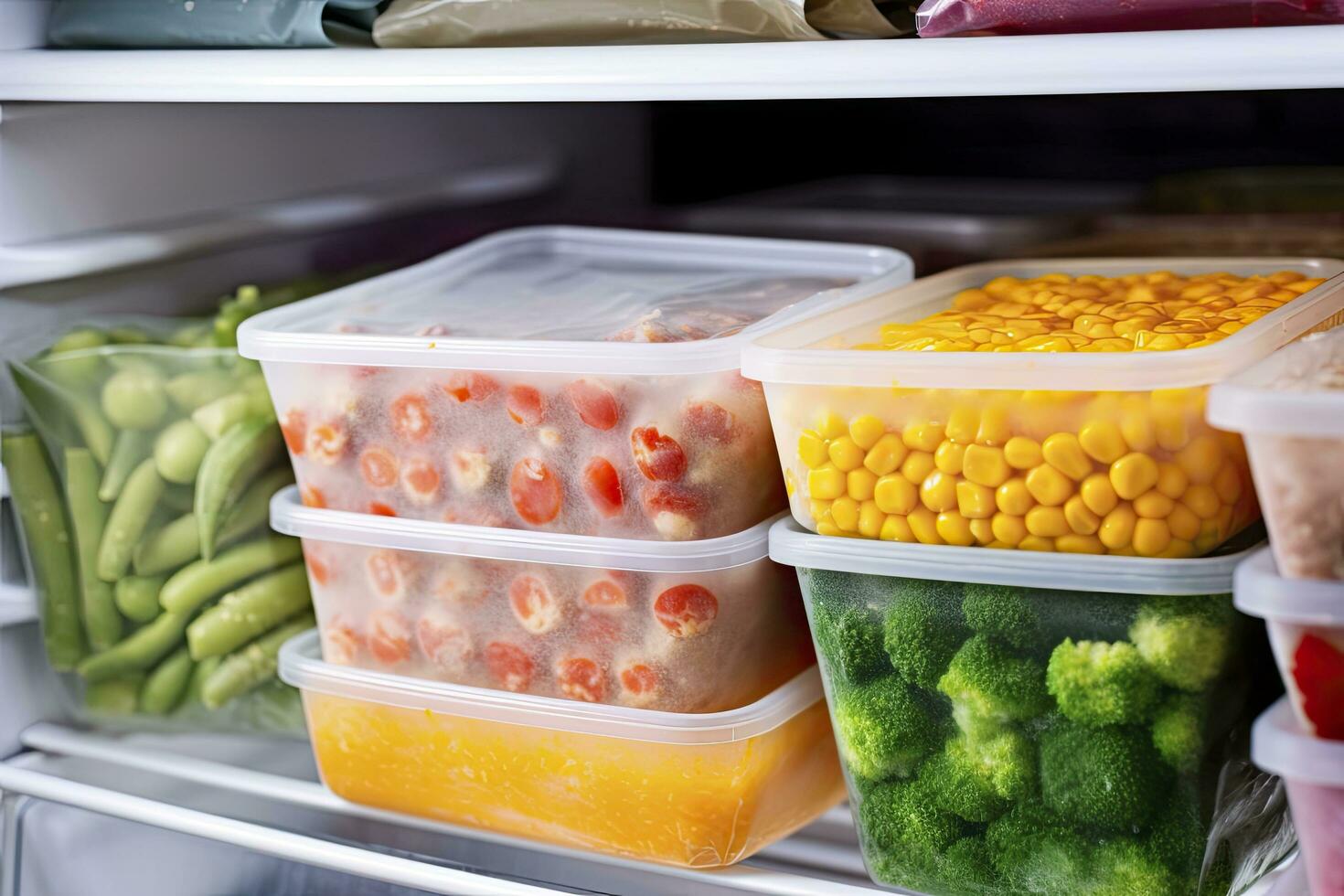 AI generated Frozen food in the freezer. Frozen vegetables. AI Generated photo