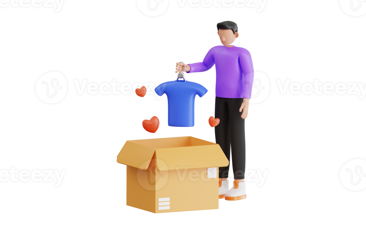 boy donating cloth 3d illustration. Charity and donating clothes concept. Clothes donation 3d illustration png