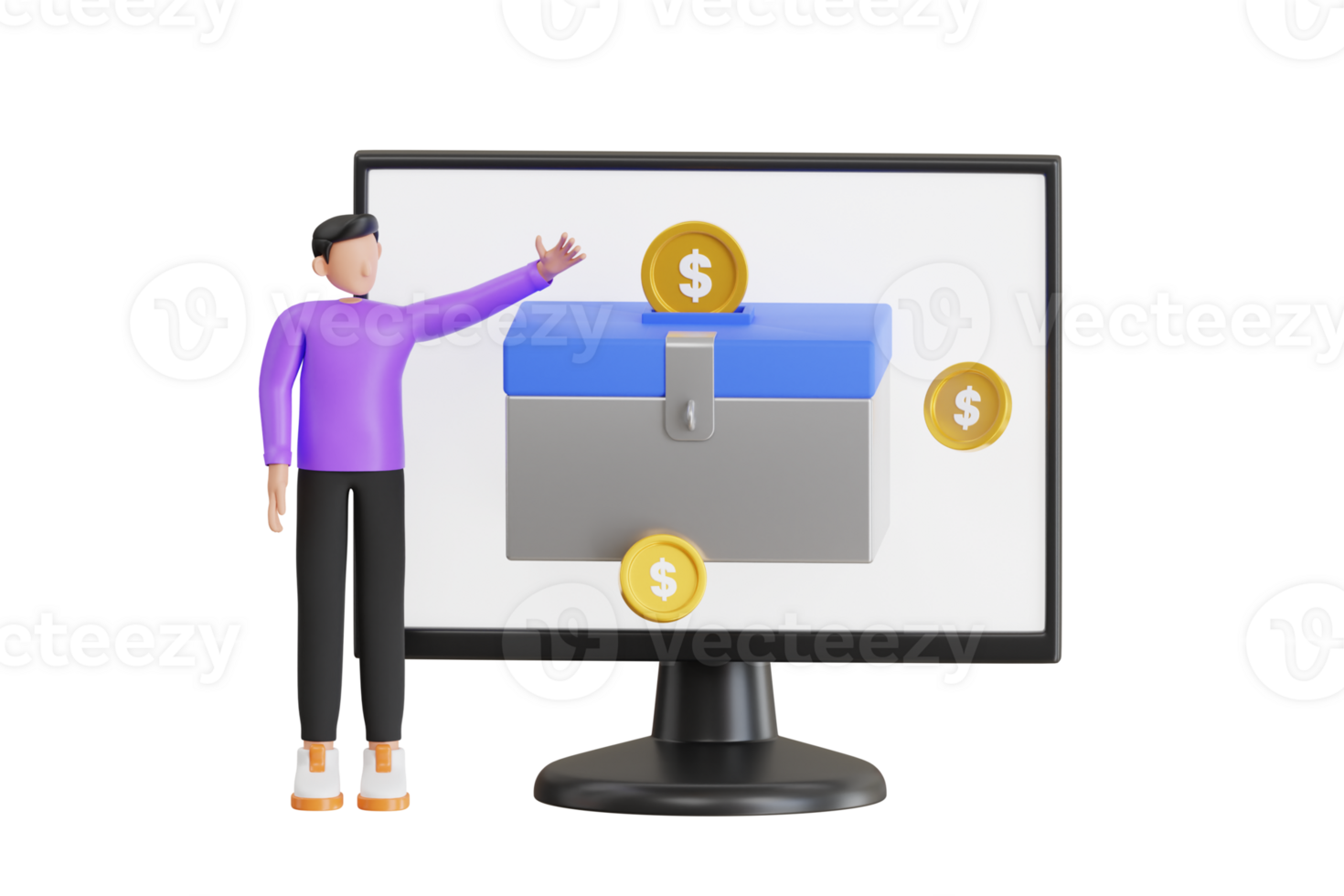 Boy Donating Online 3D Illustration. Putting Money In Donation Box. Donation box and charity concept png