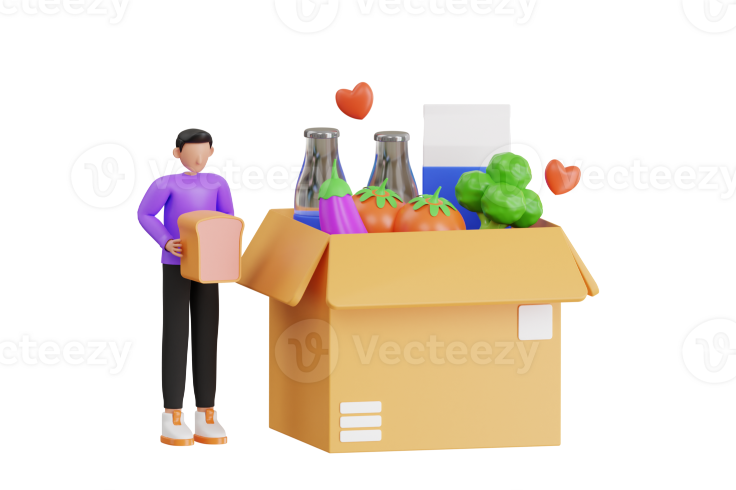 Man Making Food Donation Box 3D Illustration. donating food to fight hunger. Volunteering and Charity png