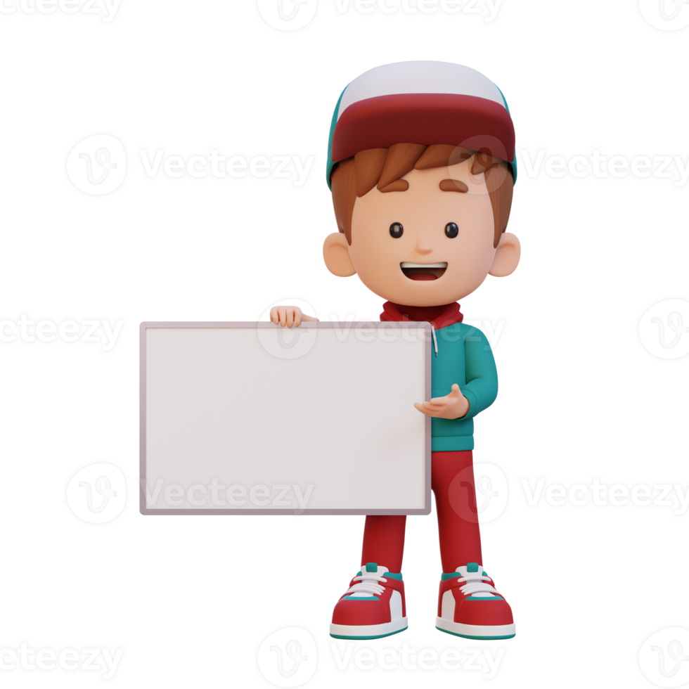 3D kid character holding a blank placard png