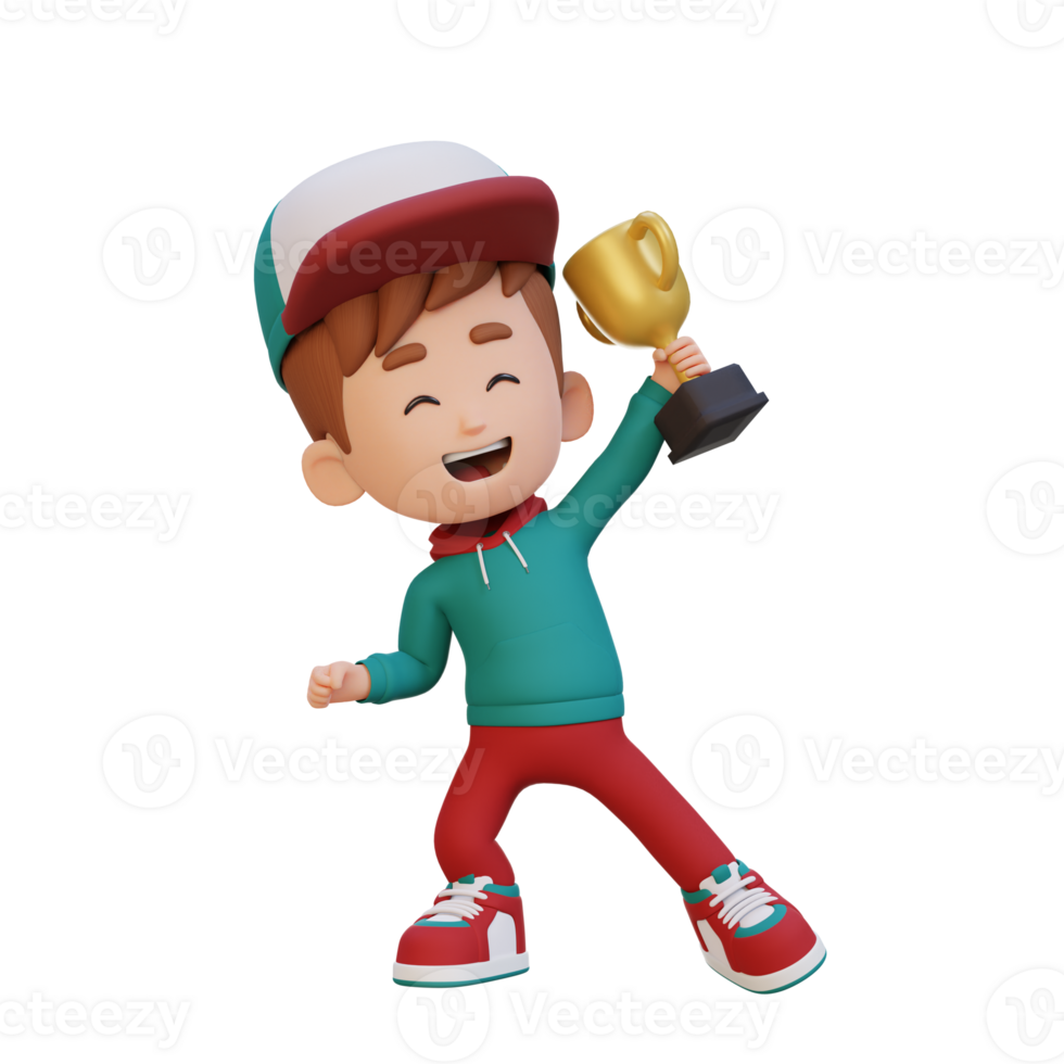3D kid character celebrating win holding a trophy png