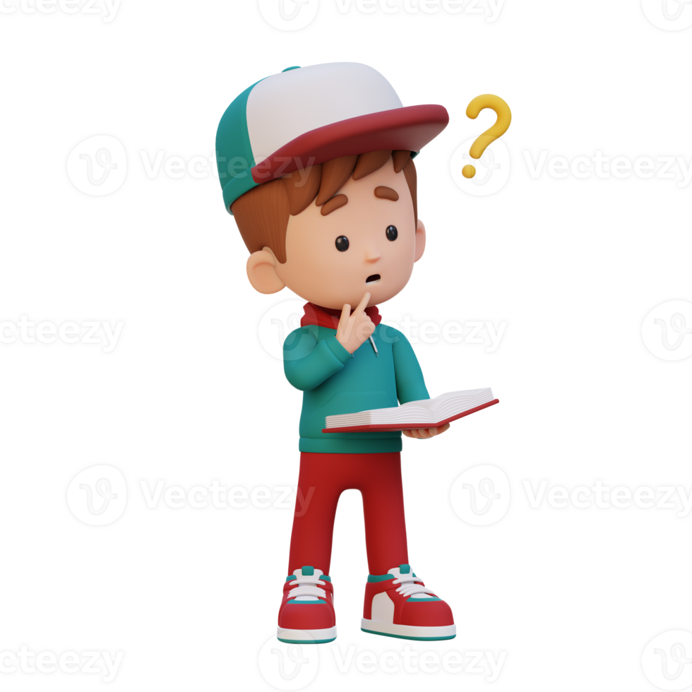 3D kid character get confused when reading a book png