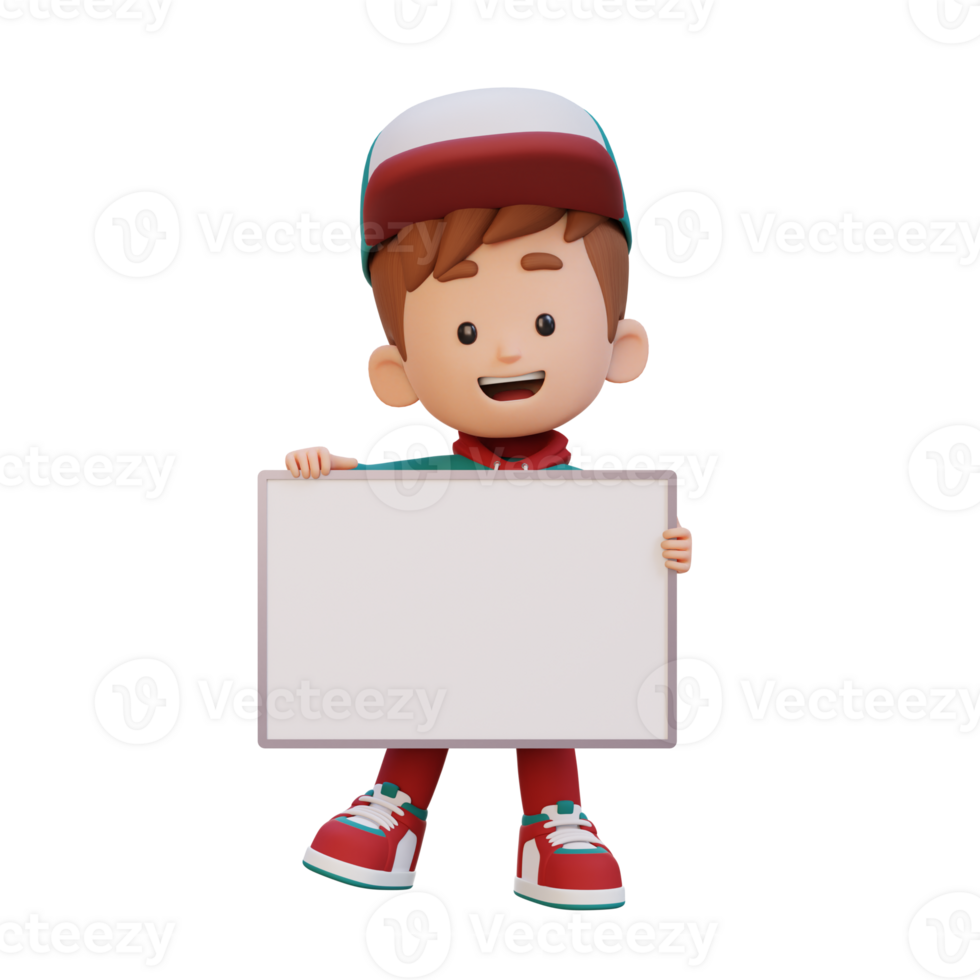 3D kid character holding a blank placard png