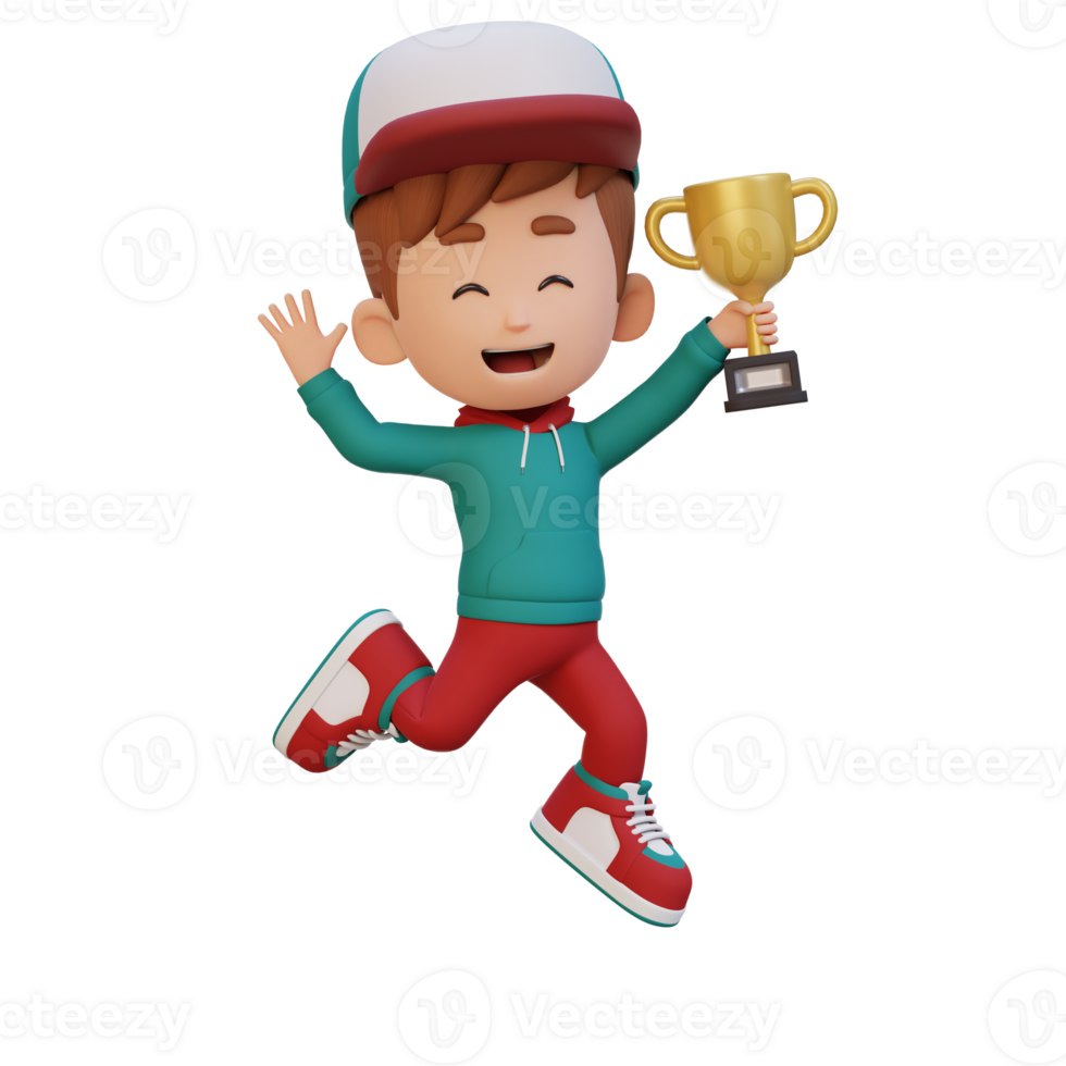 3d unge karaktär fira vinna innehav en trofén png