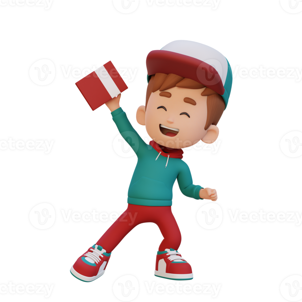 3D happy kid character holding book png