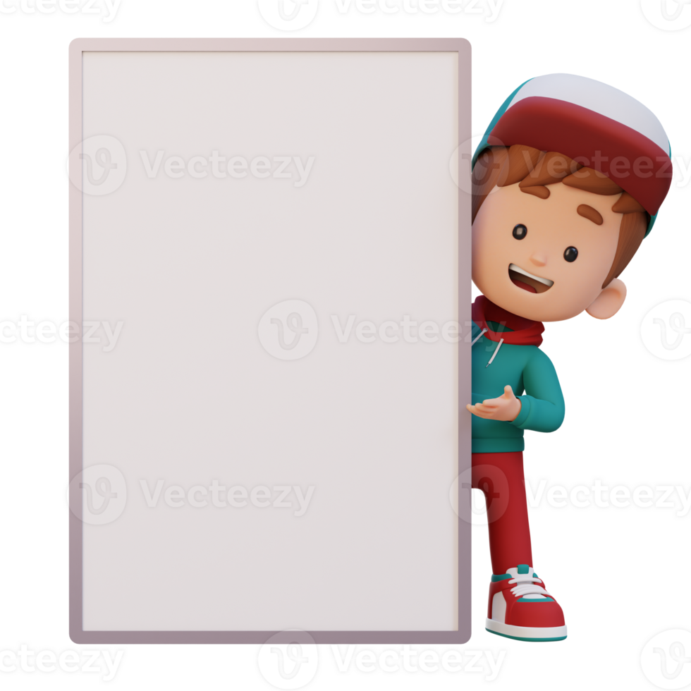 3D kid character holding a blank placard png