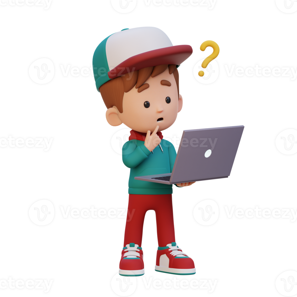 3D cute kid character confused on a laptop png