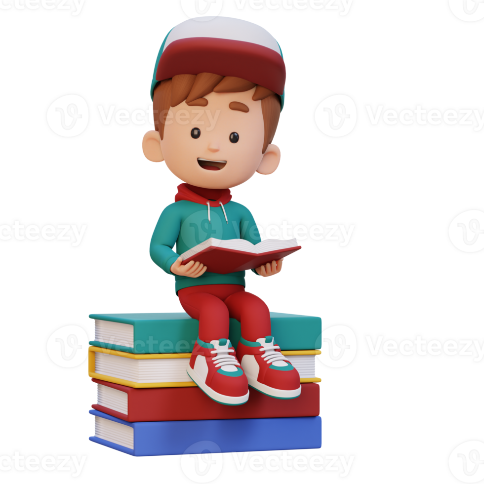 3D happy kid character reading book png