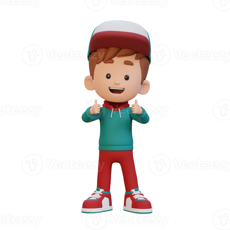 3D kid character give a thumbs up with cute happy face png