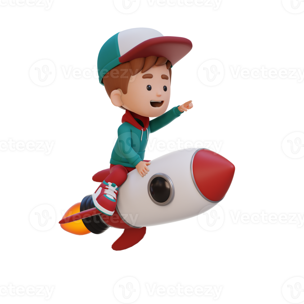 3D kid character riding a rocket and pointing hand png