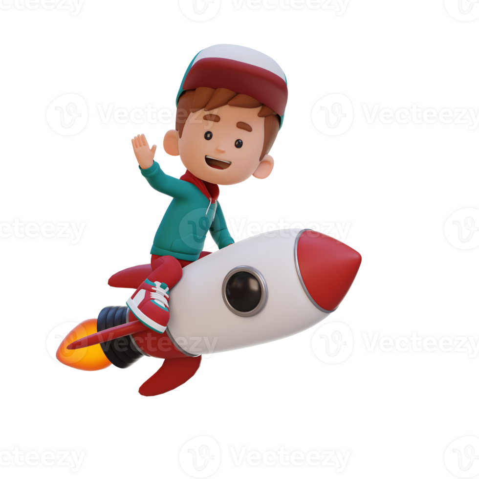 3D kid character riding a rocket and waving hand png