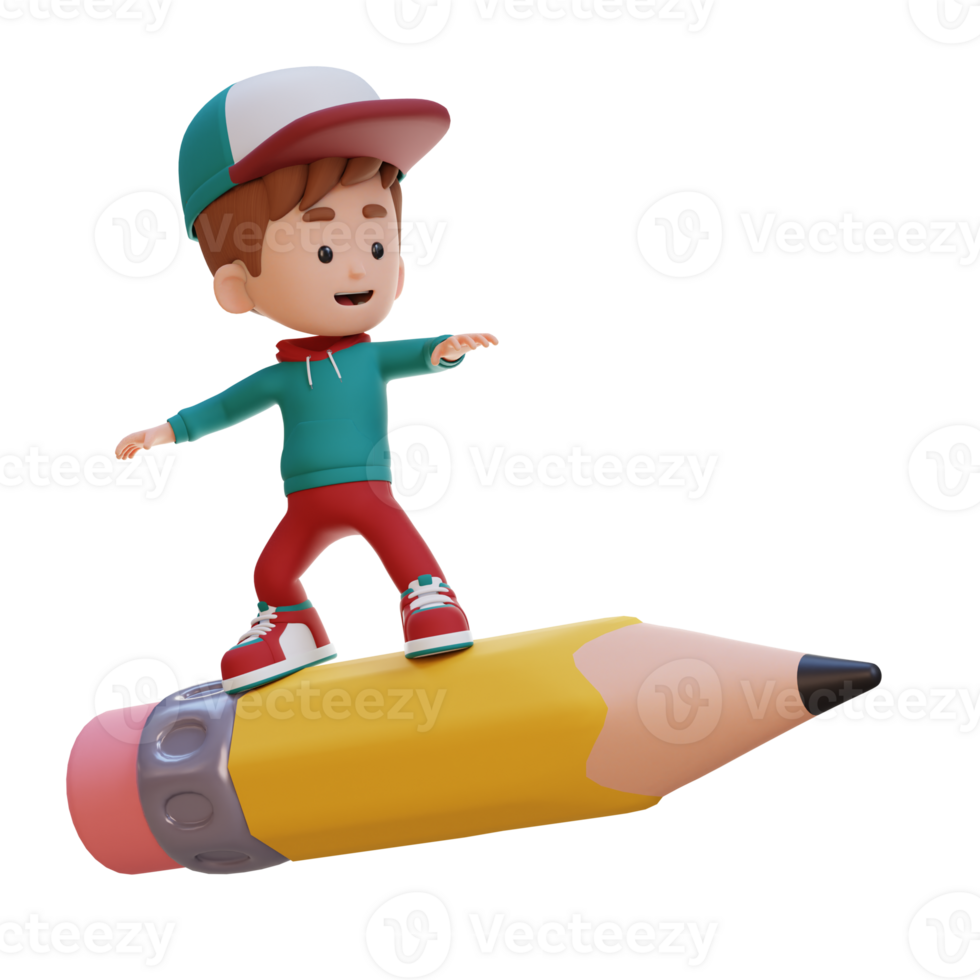 3D kid character standing riding a pencil png