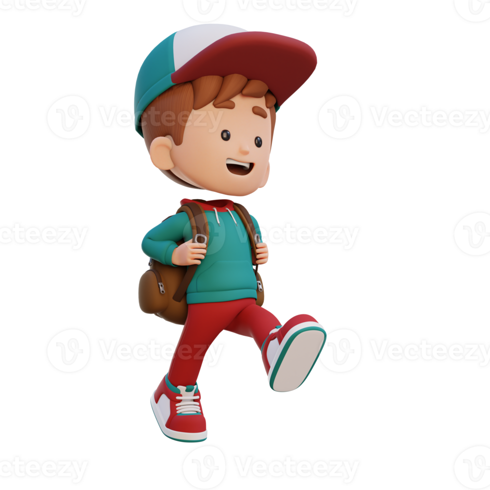 3D happy kid character walking go to school holding bag png