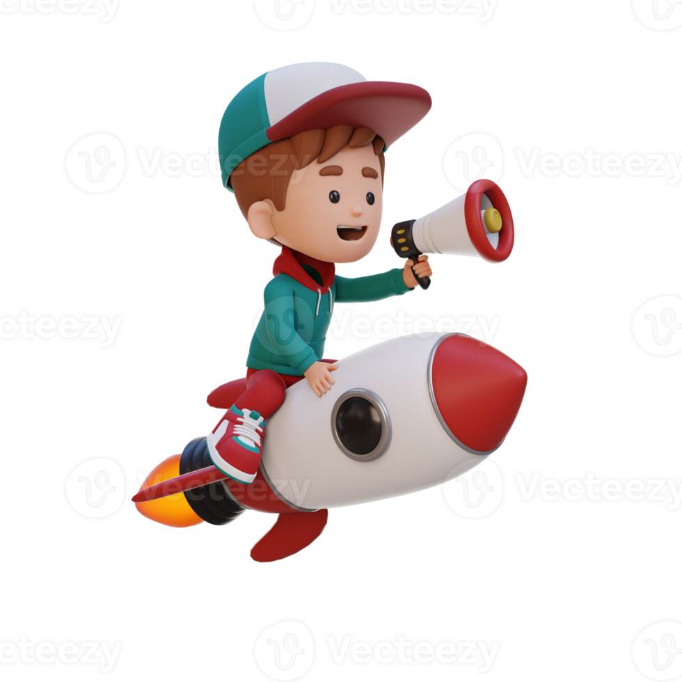 3D kid character riding a rocket and holding megaphone png