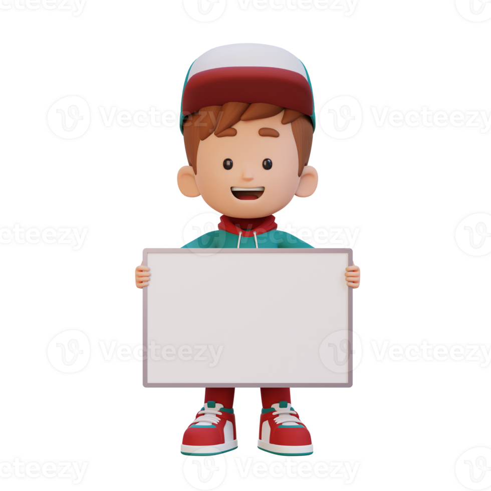 3D kid character holding a blank placard png