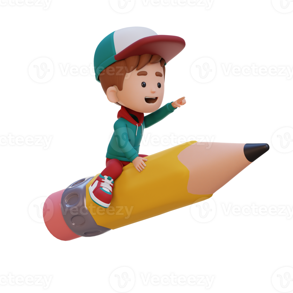 3D kid character riding a pencil and pointing hand png