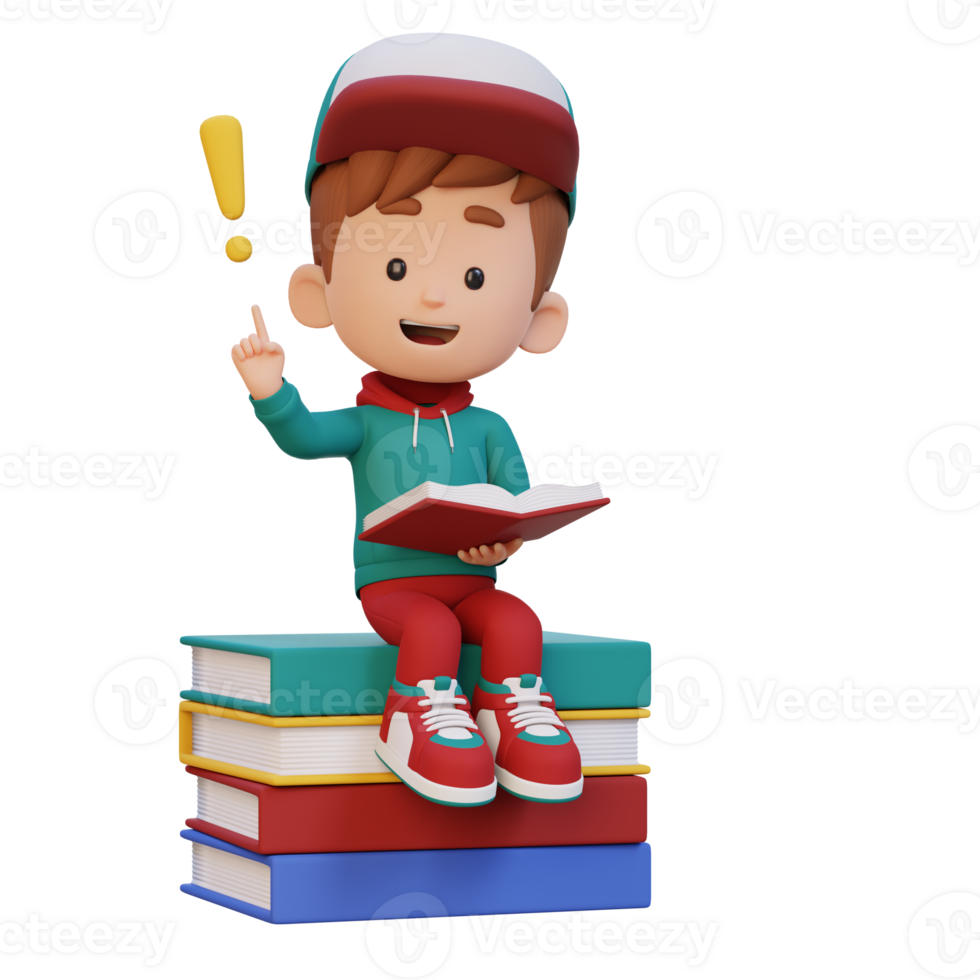 3D kid character get an idea when reading a book png