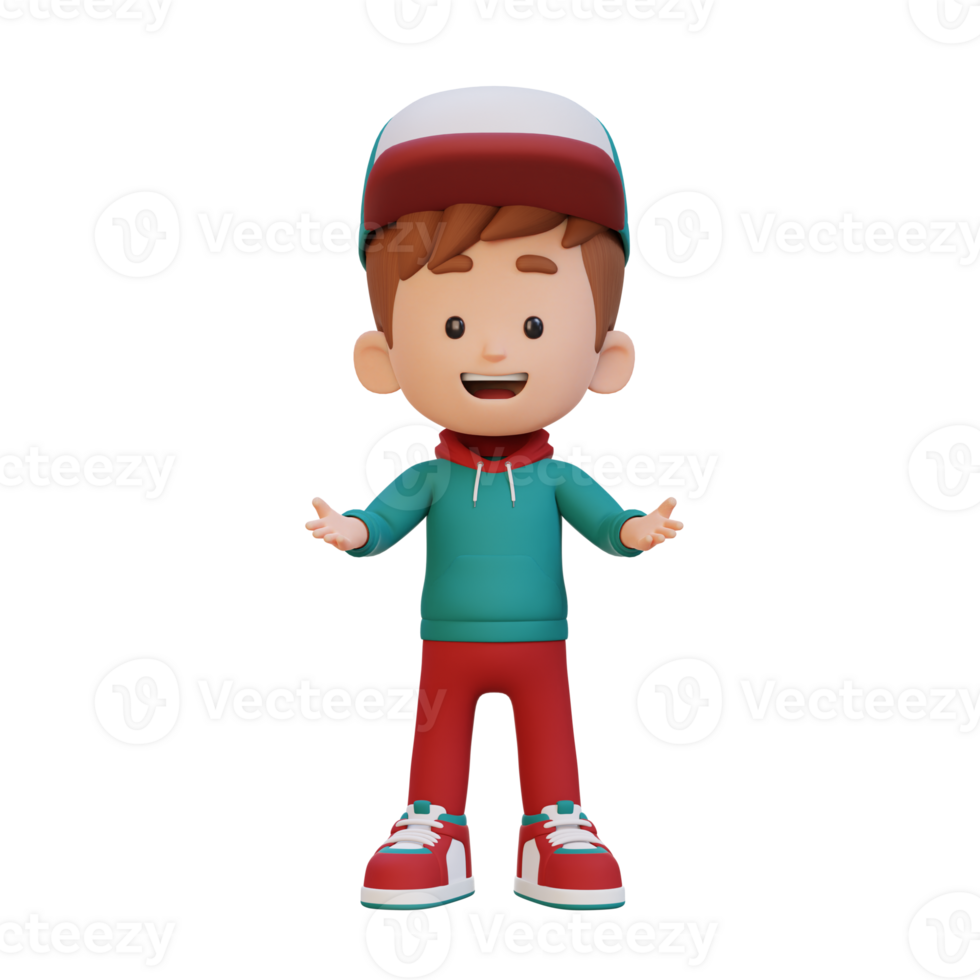 3D kid character in talking and explaining pose png