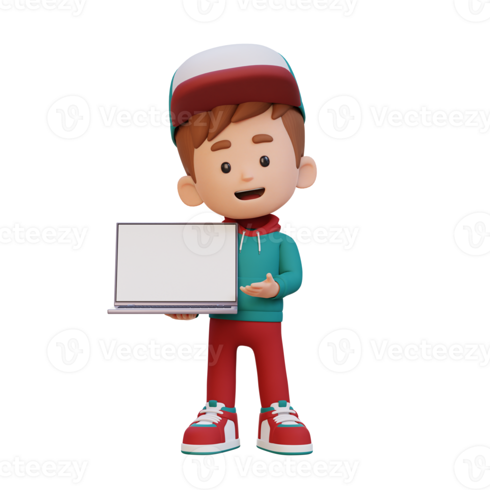 3D kid Character Holding and Presenting to a Laptop with Empty Screen png