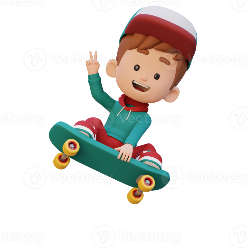 3D kid character ride skateboard png