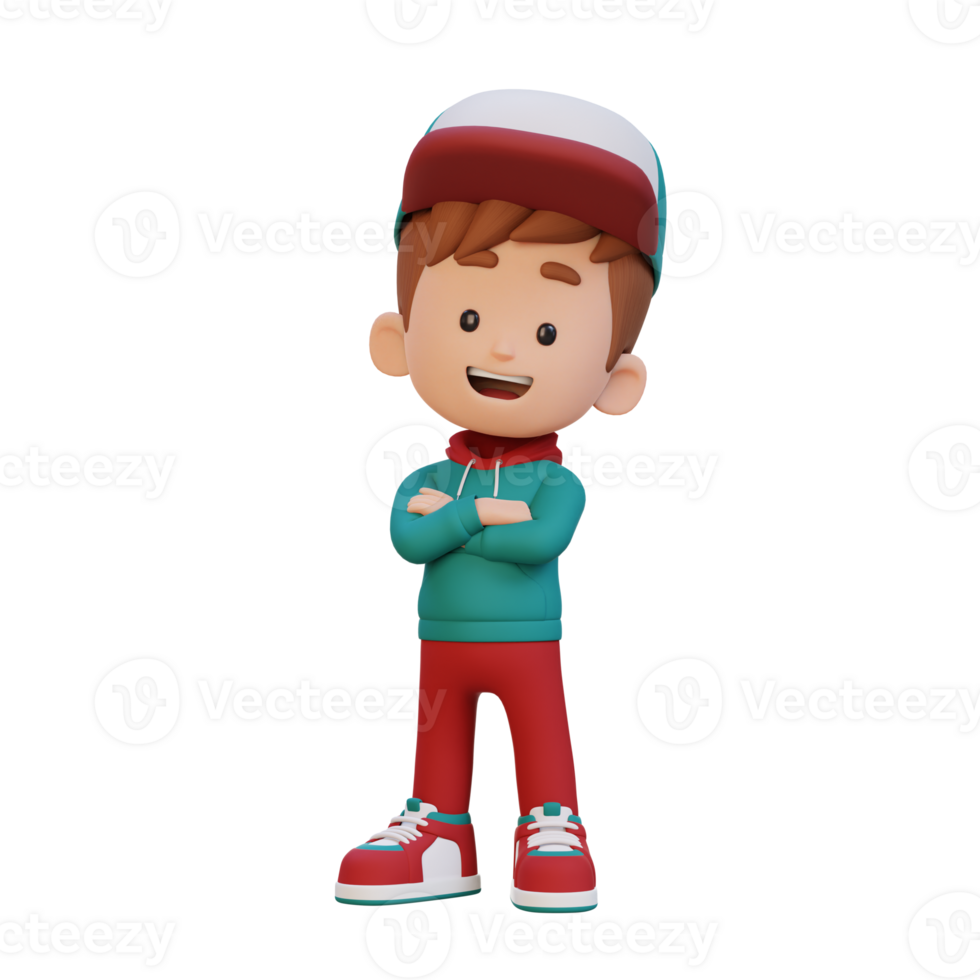 3D cute kid character in confident pose crossed hand png