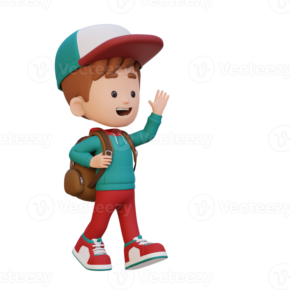 3D happy kid character walking and waving hand png
