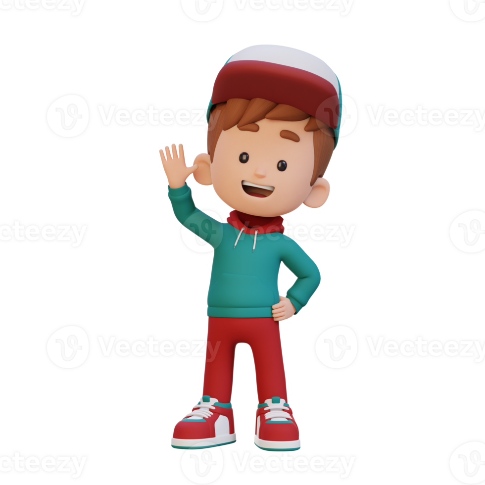 3d ragazzo personaggio agitando mano con carino contento viso png