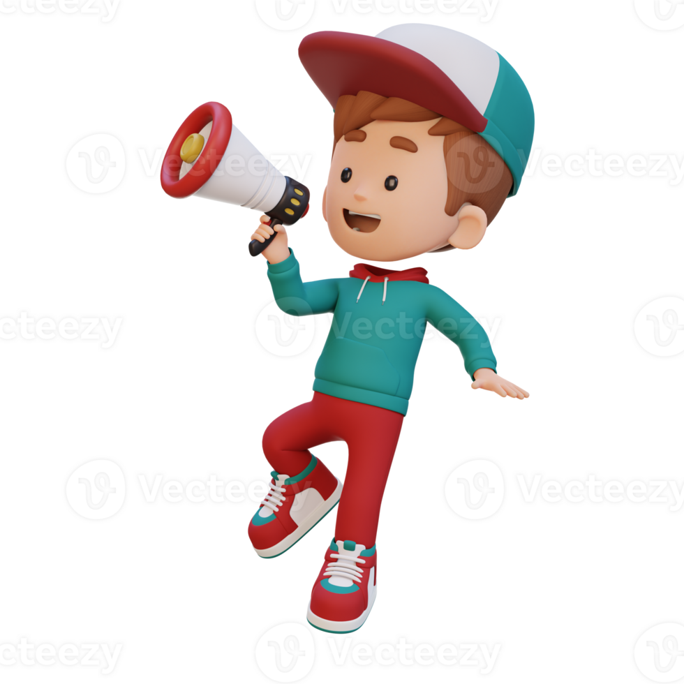 3D cute kid Character jumping and talking on Megaphone png