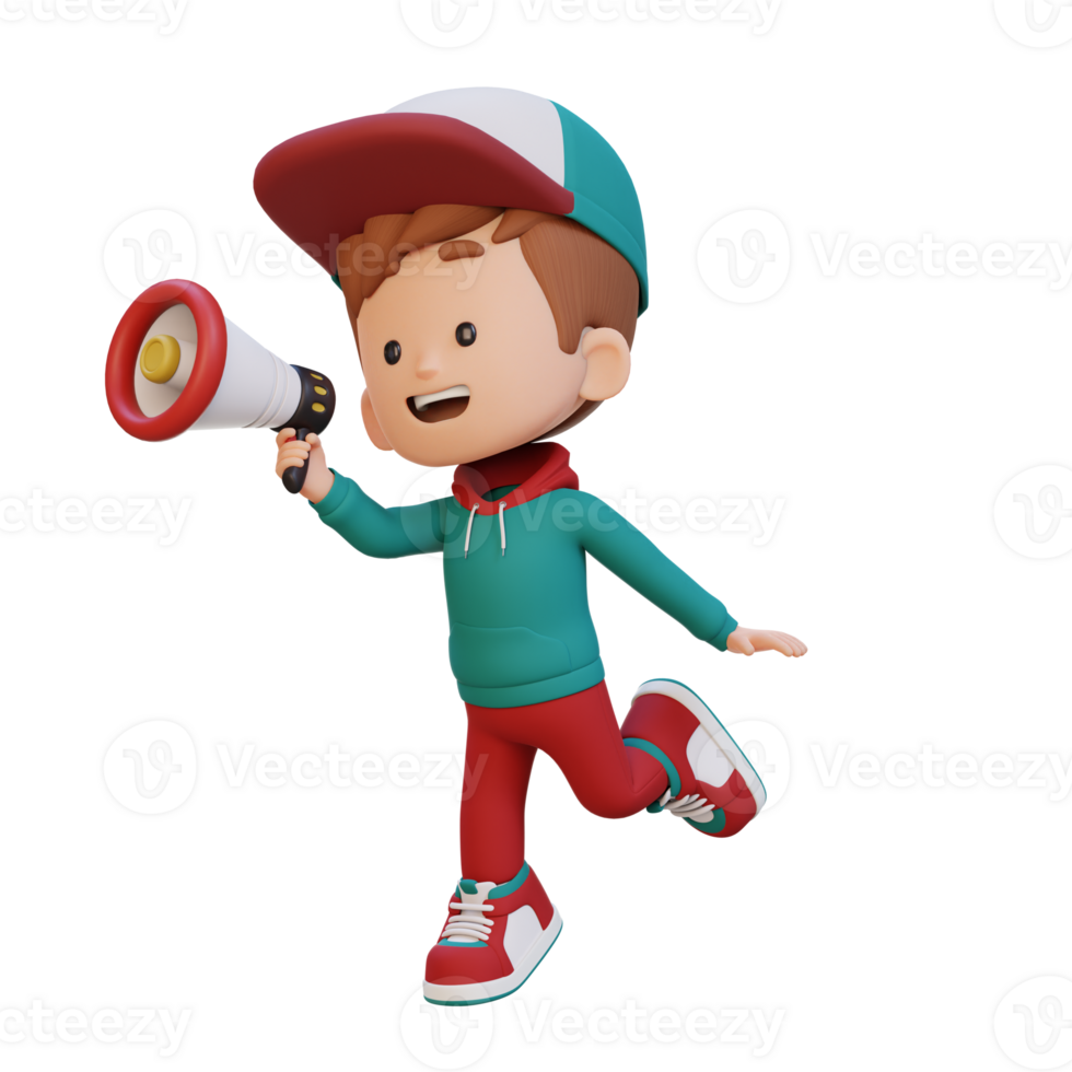 3D cute kid Character jumping and talking on Megaphone png