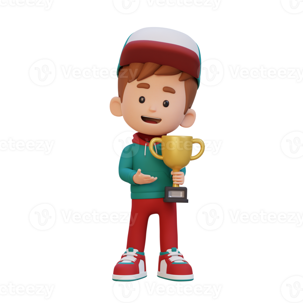 3d Kind Charakter feiern Sieg halten ein Trophäe png