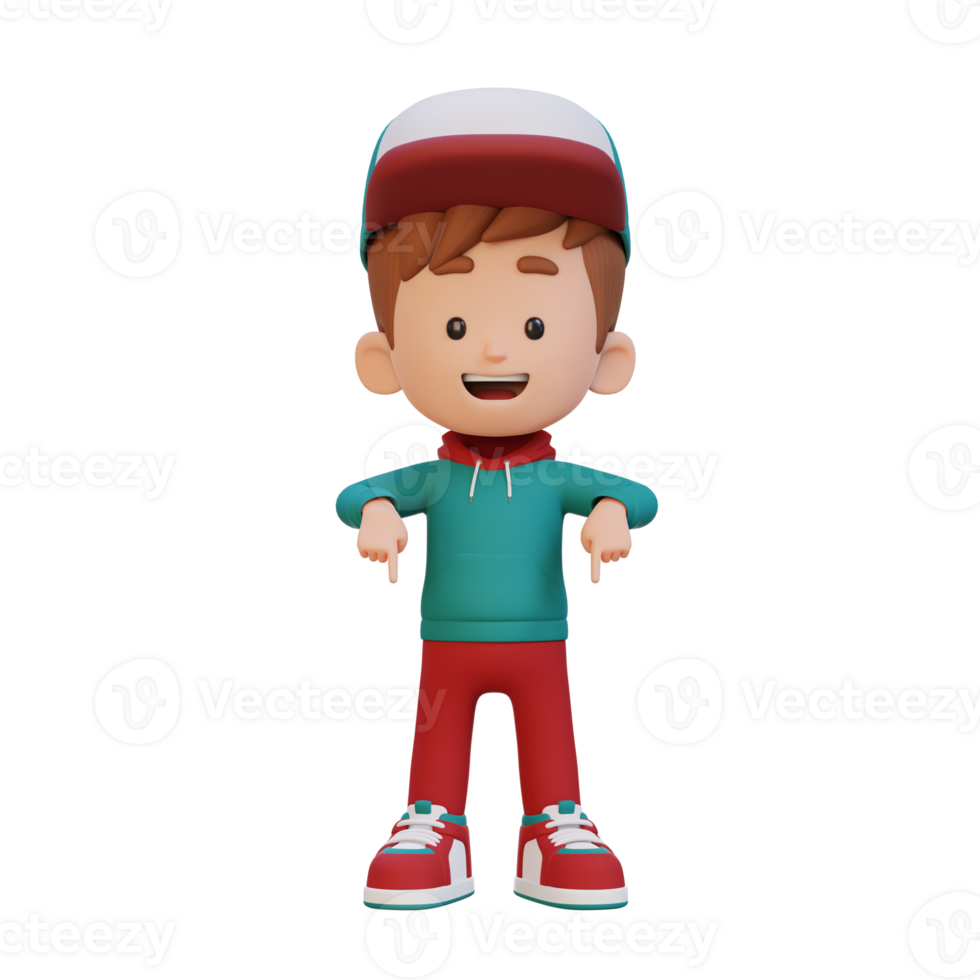 3D cute kid pointing hand to bottom png