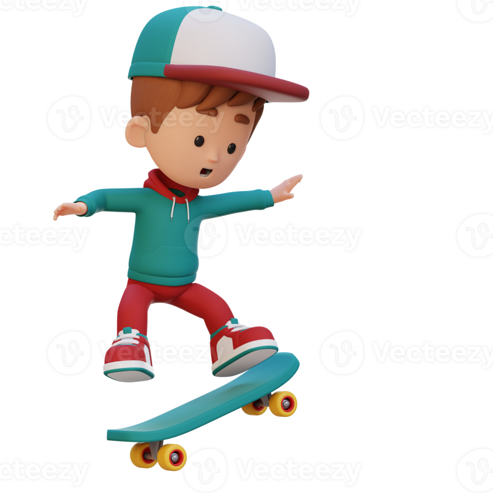 3D kid character ride skateboard png