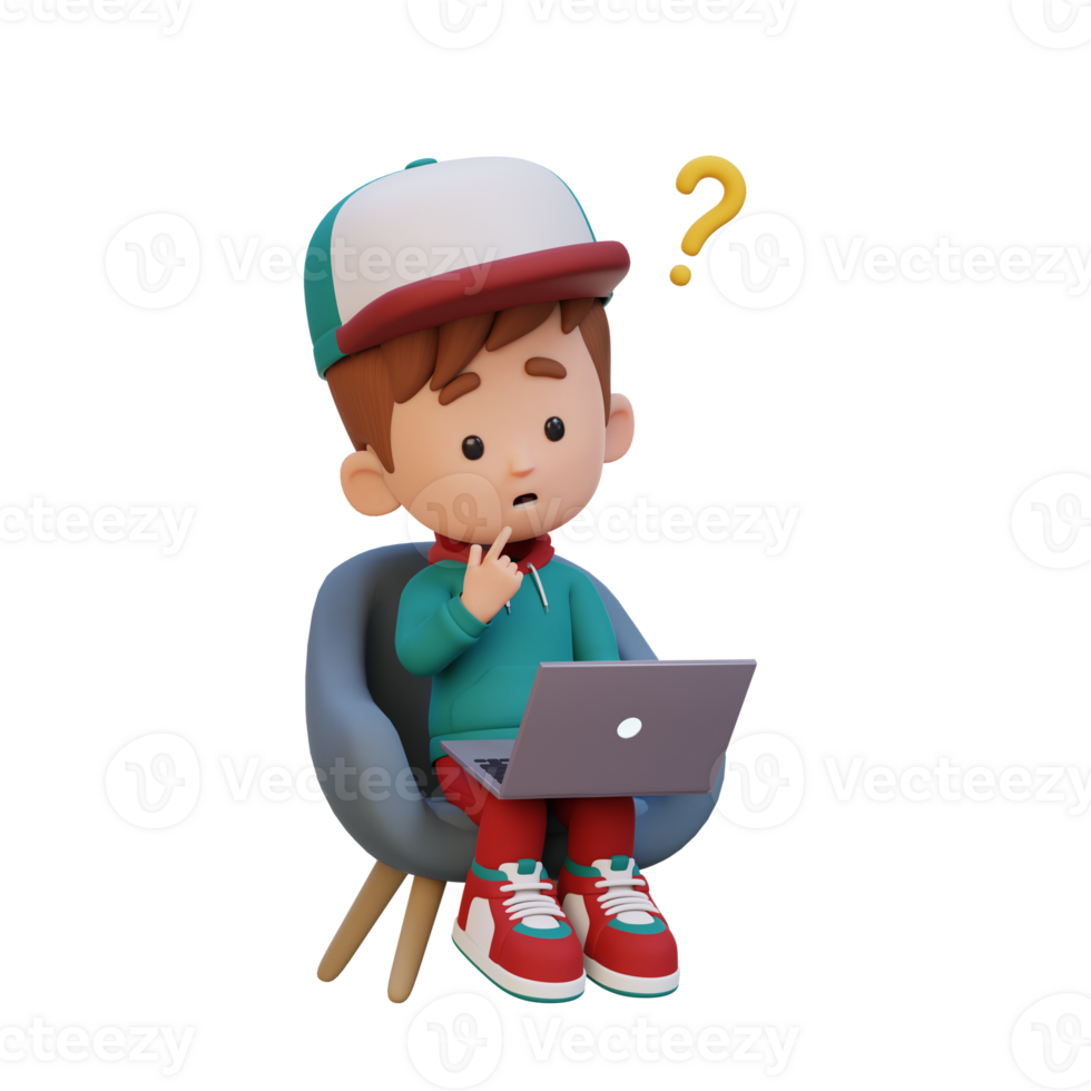 3D cute kid character confused on a laptop png