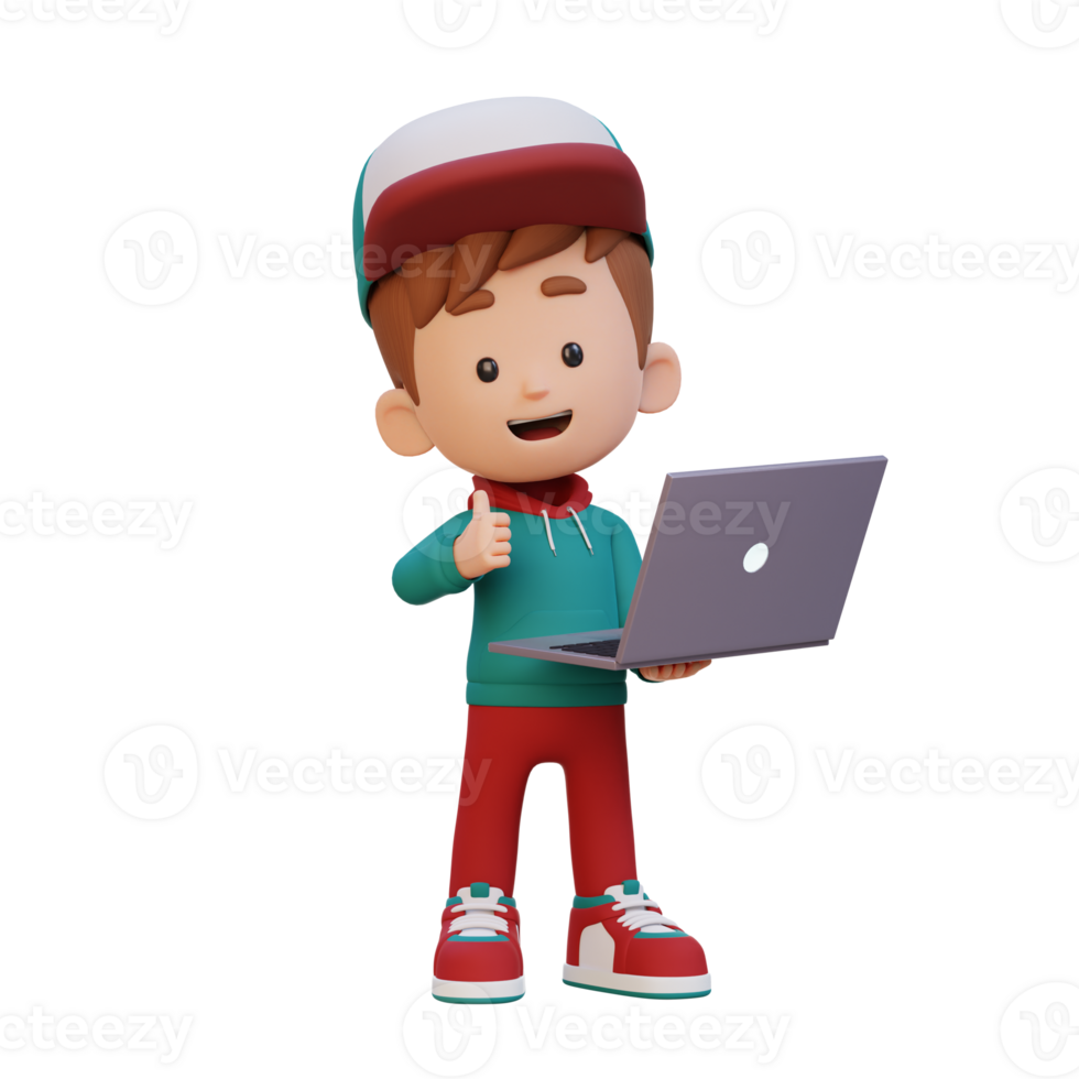 3D cute kid character give a thumb up while holding a laptop png