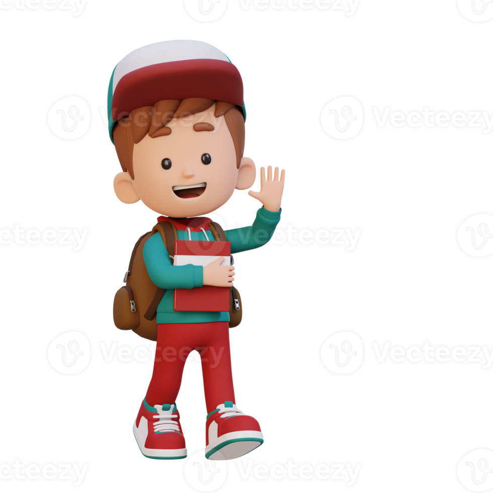 3D happy kid character walking go to school holding book and waving hand png
