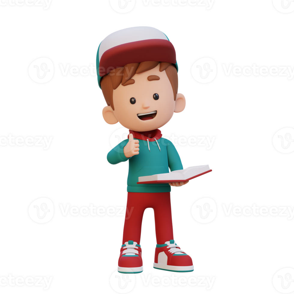 3D happy kid character reading book png