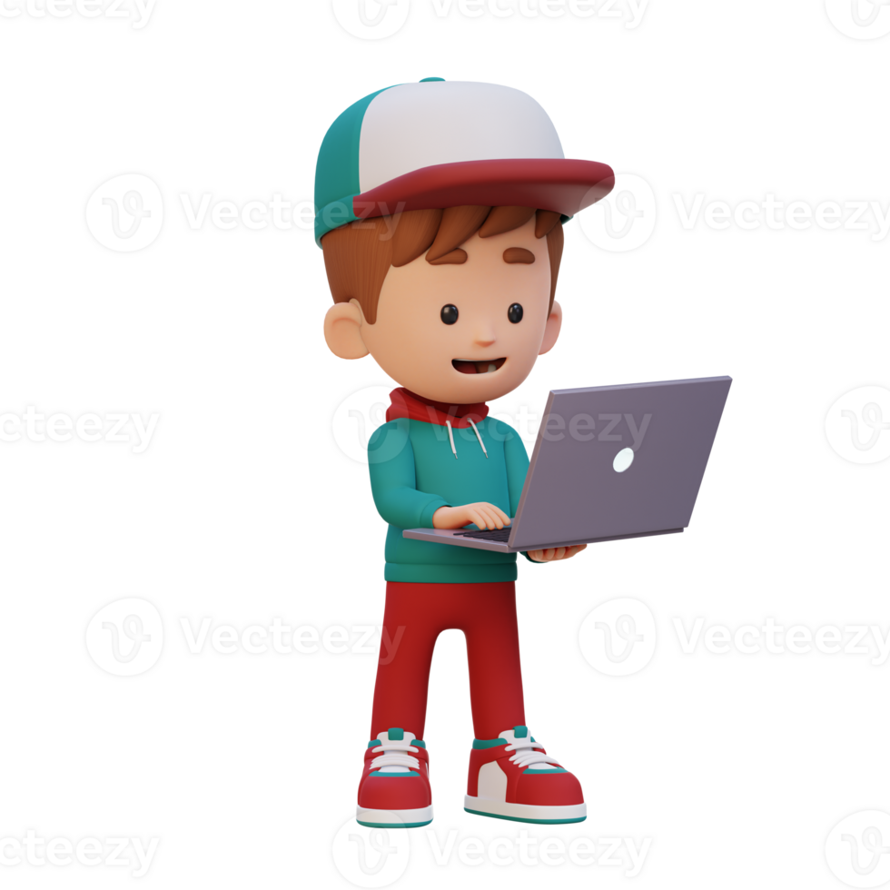 3D kid Character working on a Laptop png