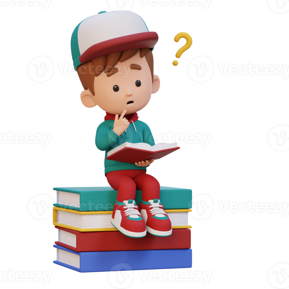 3D kid character get confused when reading a book png